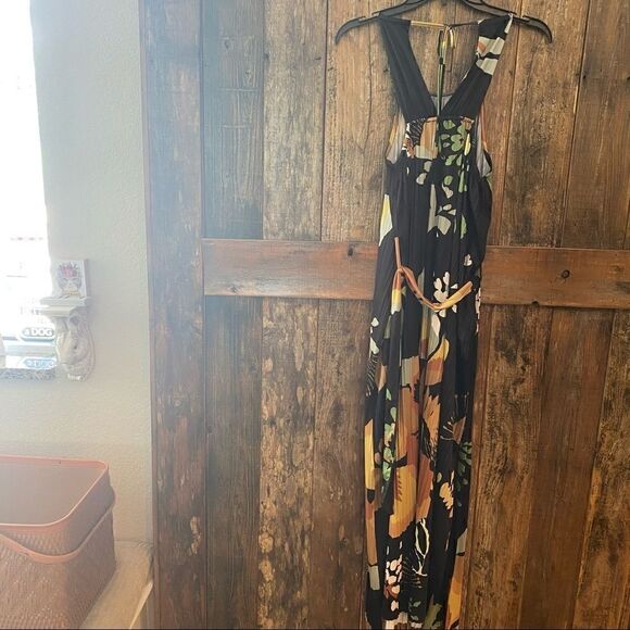 Suzanne Betro S Gray Floral Sexy Halter Accordion Flowy Flouncy Maxi Dress - Picture 9 of 14